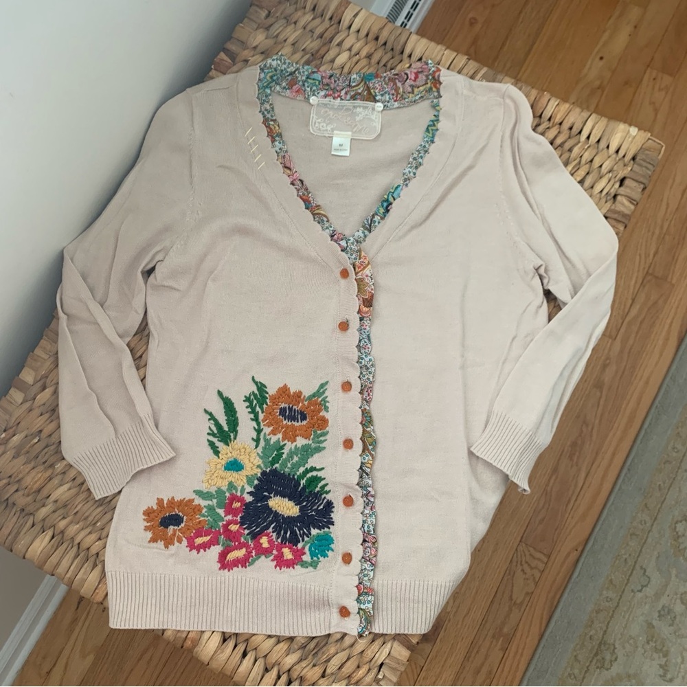 Anthropologie’s Nick & Mo Embroidered Floral Scallop Cardigan